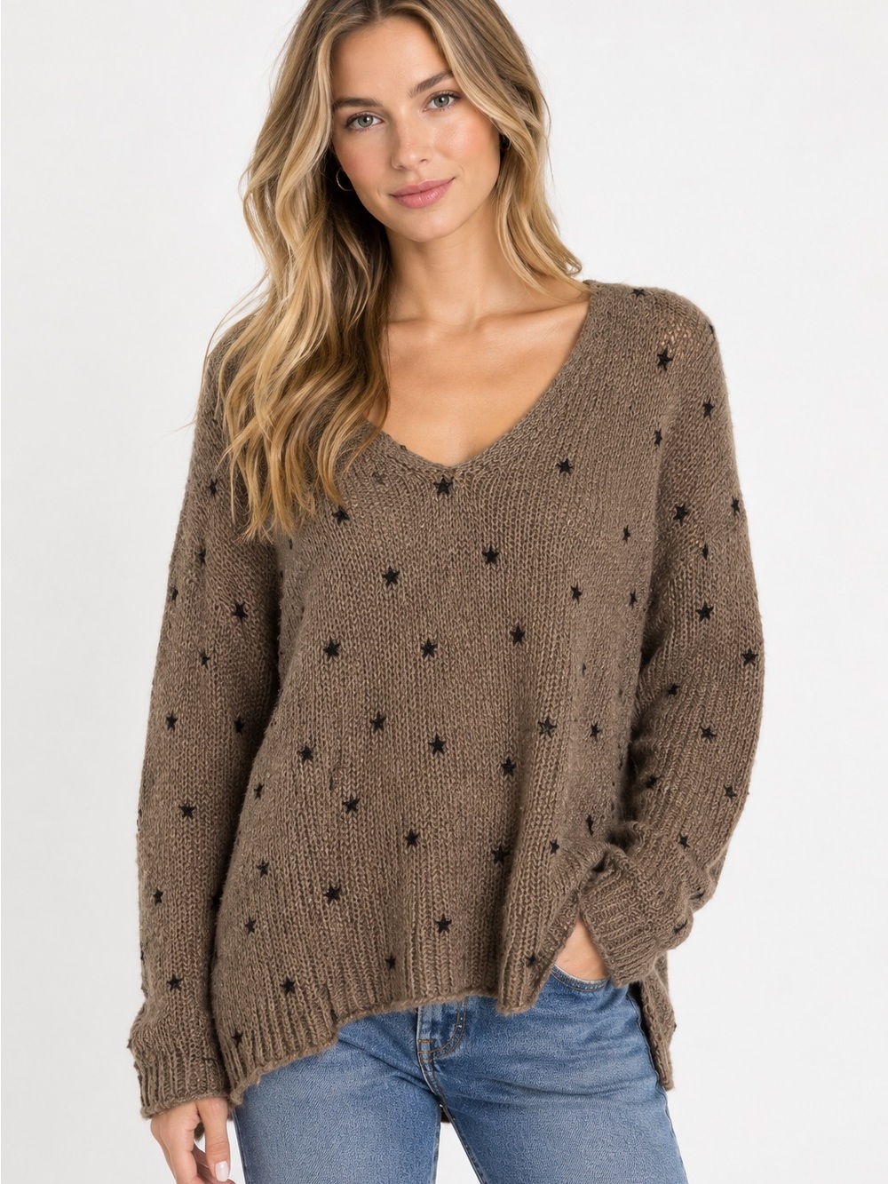 Wooden Ships Mohair Wool Sweater Oversize Boyfriend XS Brown Blue Stars Cottage